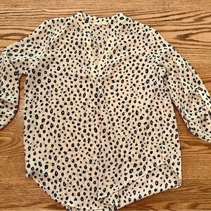 Lush Warren Split Neck Blouse Off White Black Leopard Print Top Size Small